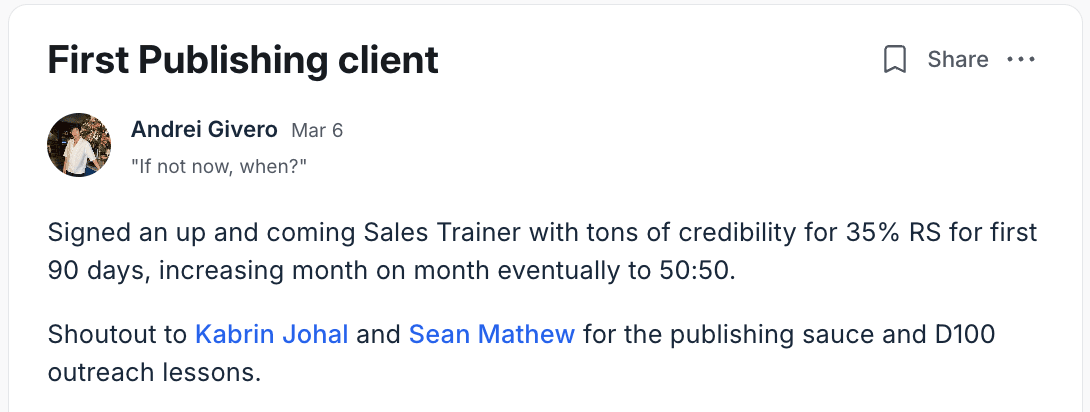 Andrei — First publishing client signed at 35% rev share