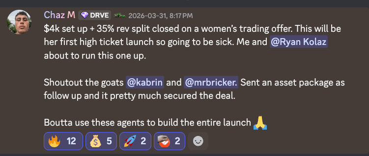 Chaz — $4K setup + 35% rev split closed using agents
