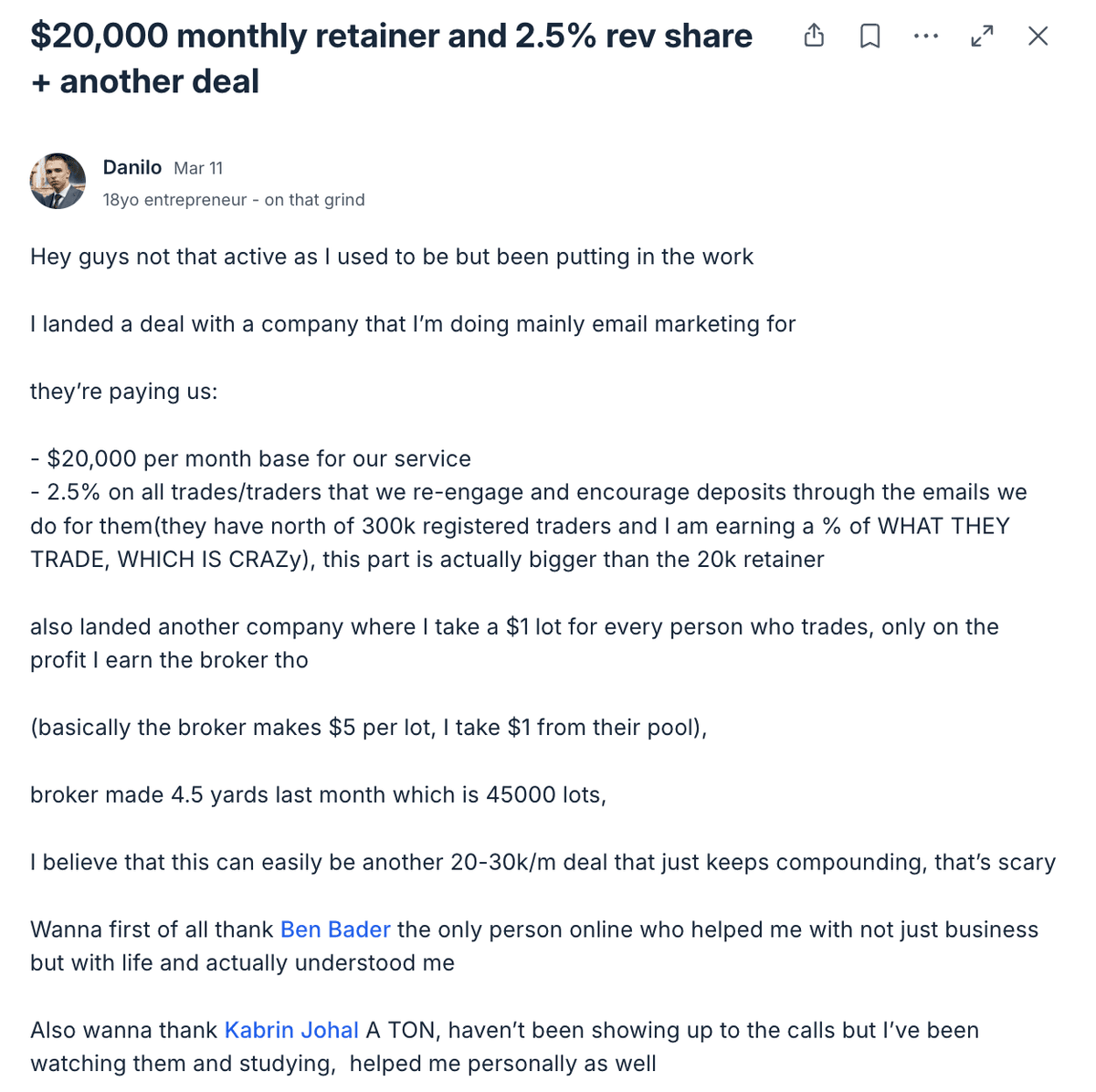 Danilo — $20K monthly retainer + 2.5% rev share deal